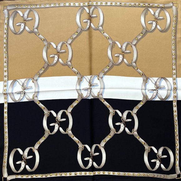 New Gucci Logo Chains Color-Block Black Beige Silk Scarf with Gucci Gift Box - Picture 8 of 12
